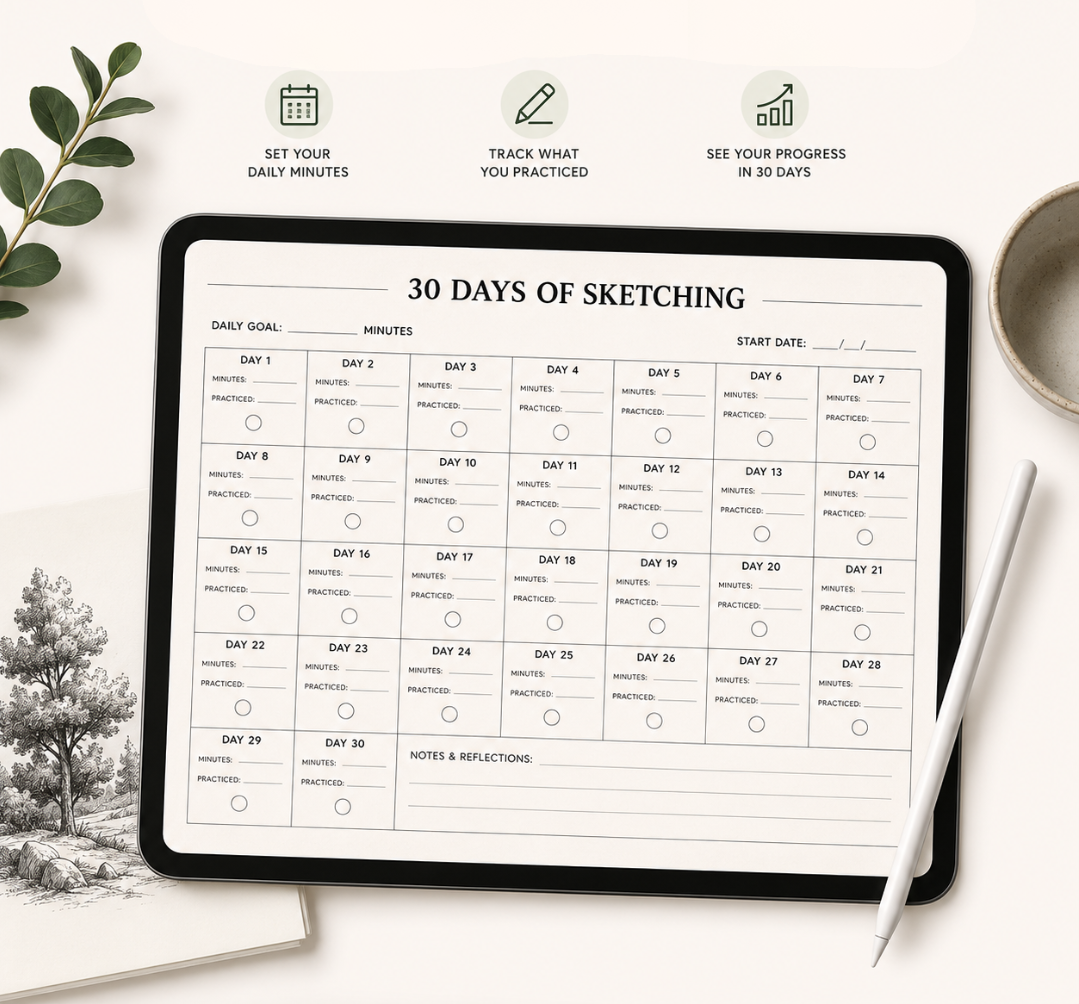 30-Day Sketching Tracker printable with daily minutes, practice log and 30-day progress grid
