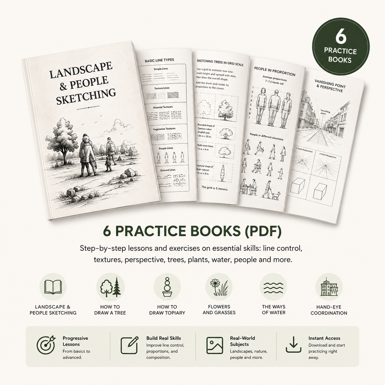 Drawing workbook contents flat-lay showing line, tree, flower and water exercises